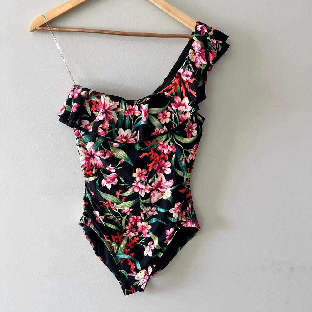 Carmen Marc Valvo One Shoulder Ruffle One Piece Swimsuit Floral Black 14